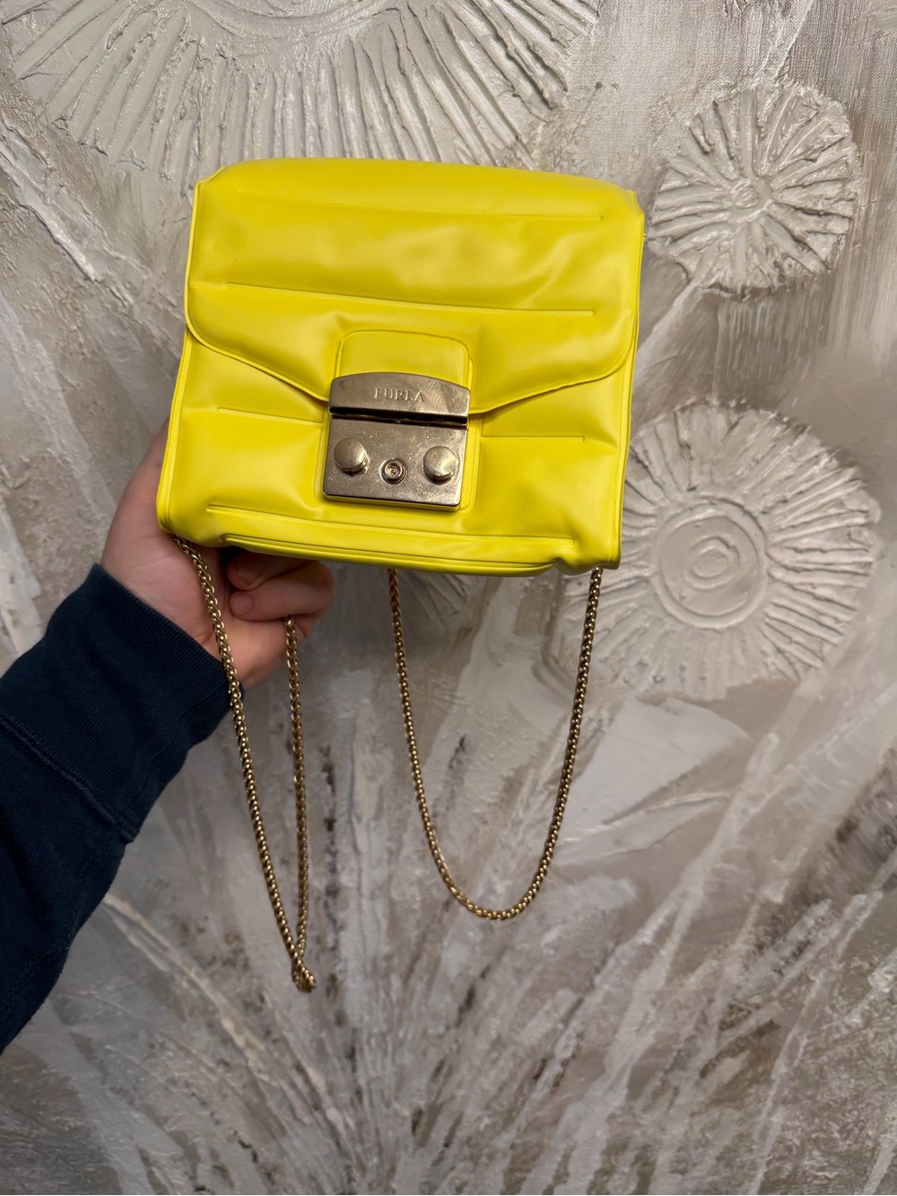 Furla Neon Yellow Mini Crossbody with Gold Hardware